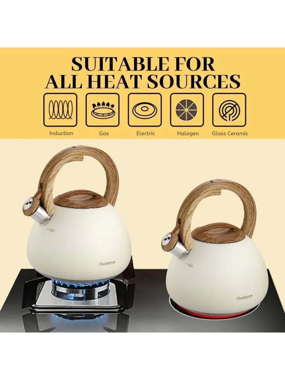 Cream White Stainless Steel Whistling Tea Kettles 2.6QT Stovetop Cookware Pot